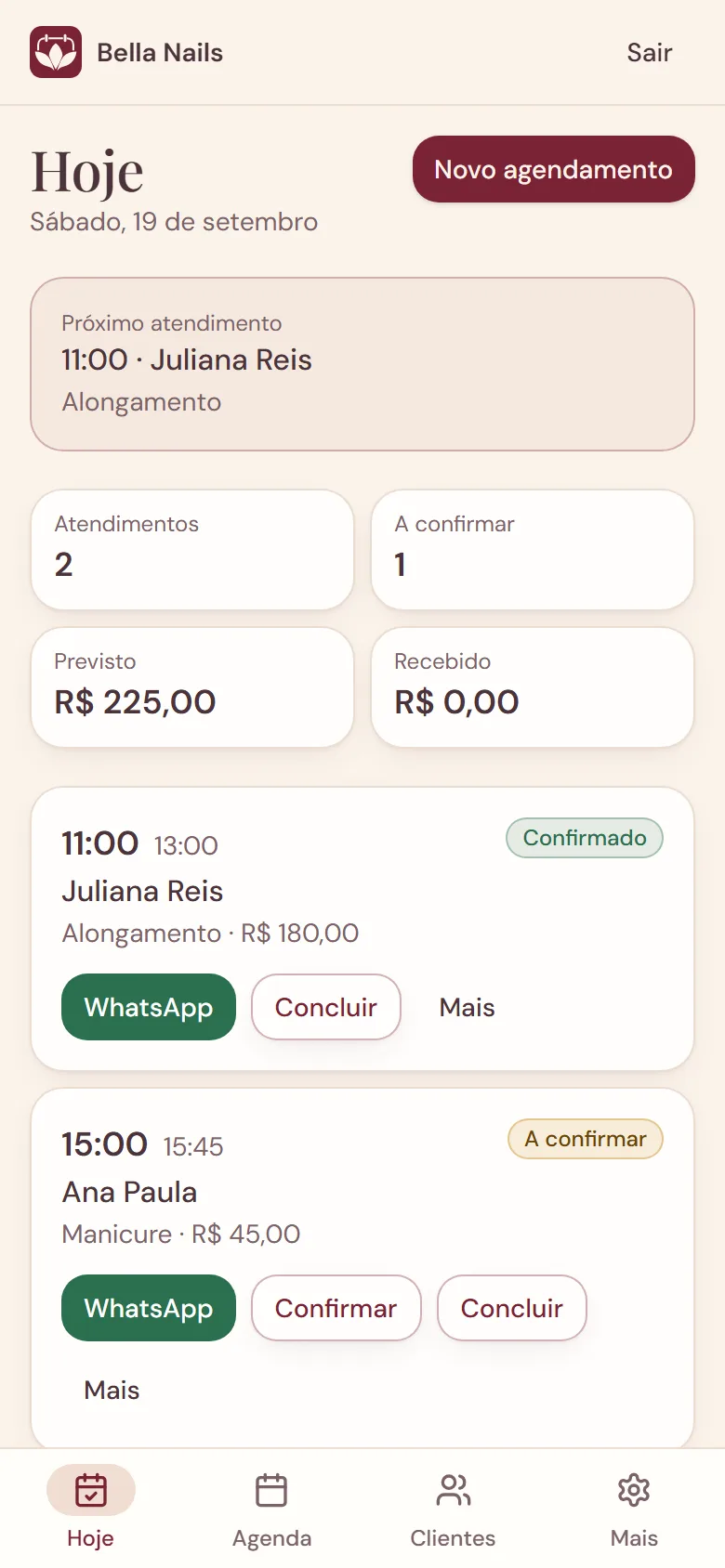 Tela Hoje da LUY no celular, com os atendimentos do dia